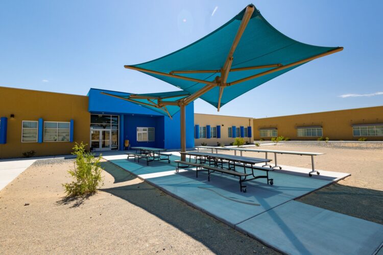 Solare Collegiate Charter School outdoor eating space with shades